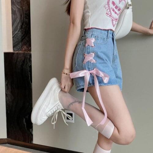 Shnsophi Sweet Bandage Cross Denim Shorts Women Summer Korean Wide Leg High Waist Straight Tube Loose Sexy Shorts