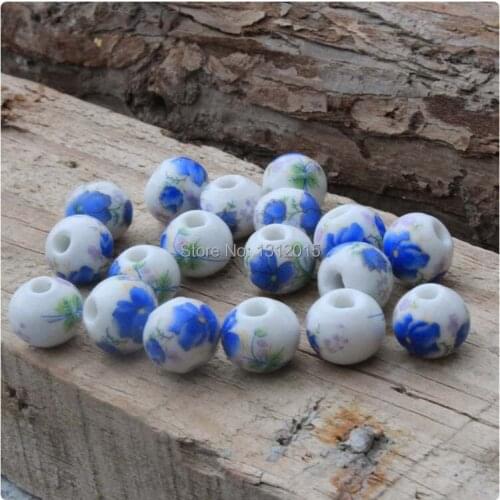 On sale Chinoiserie 10/12mm 50pcs White Porcelain Ceramic round Beads, Flower pattern Spacer beads Free shipping YS0002