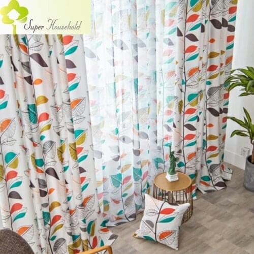 Korean Pastoral Shading Cotton and Linen Curtains for Living Room Bedroom Windows Tulle Cartoon Leaf Fabric Drapes in Kitchen