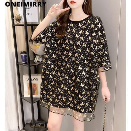 2021 Summer Woman Tshirts Oversized Tops Golden Printed Harajuku Korean Kawaii Long T Shirt Women Mesh Stitching Loose Black Tee