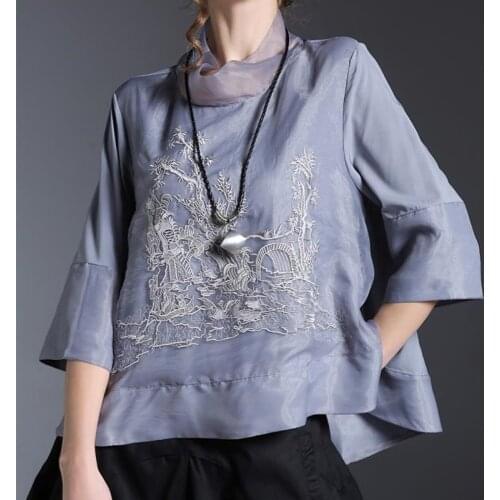 Chinese New Fashion Runway Shirt Chic Embroidery Loose Gauze Shirt Elegant WomenS Stand Collar Retro Shirt Cheongsam Tops 12071