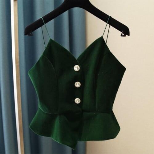 2021 New Womens Fashion V-neck Velvet Camisole OL Style Diamond Buttons Ruffled Solid Color Slim Cropped Tops y981