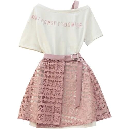 2021 Summer Women Fashion 2 Piece Suit Slash Collar Off Shoulder Long T Shirt & Hollow Out Lace Skirt Suits Skirts Set