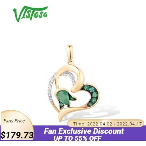 VISTOSO Gold Pendant For Women Genuine 14K 585 Yellow Gold Heart Natural Emerald Shiny Diamond Tulip Flower Trendy Fine Jewelry