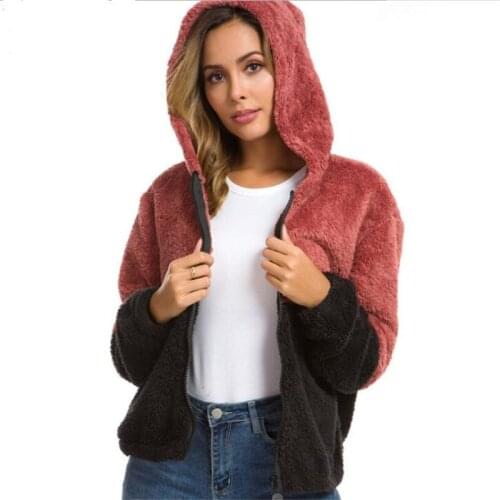 Womens lamb fur coat 2019 autumn hooded contrast color jacket stitching short loose coat Teddy plush casaco feminina women xxl