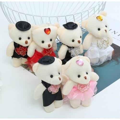 12Pcs/Lot 11cm Bride and Bridegroom Bear Stuffed Plush Toys Cute Mini Teddy Bear Wedding Dolls Bouquet DIY Soft Lovers Couples