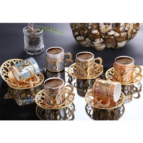 12 pcs turkish coffee cups Espresso porcelain Demitasse saucer black cup (gold) Vintage arabic gift set