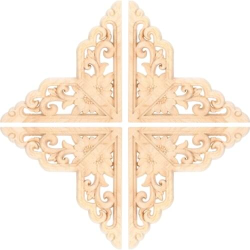 4PCS Wood Carved Onlay Applique Woodcarving Corner Decal Home Furniture Decoration