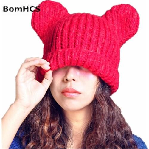 BomHCS 100% Handmade Winter Warm Thick Beanie Big Cat Ears Knitted Hat Caps