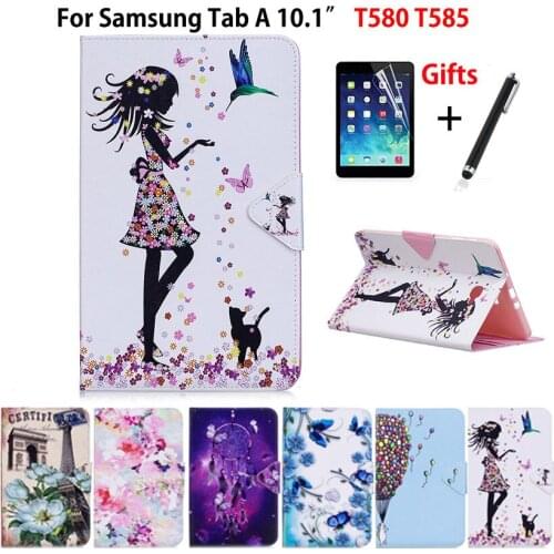 Tablet Case For Samsung Galaxy Tab A A6 10.1" 2016 SM-T580 T585 T580 T585N Smart Cover Funda cartoon PU Leather Skin+Film+Pen