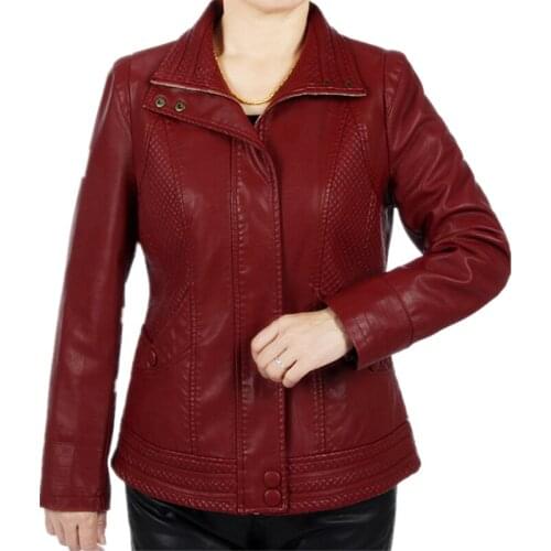 Spring Autumn Middle-aged Leather Jacket For Women Plus Size Soft PU Faux Leather Coat