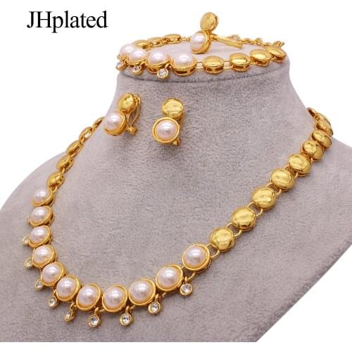 Dubai 24K Gold plated Imitation pearls Necklace earrings wedding Bracelet ring bridal Jewelry sets jewelery set gifts for women