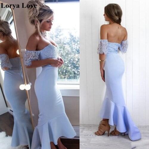 Elegant Mermaid Off Shoulder Evening Dresse 2020 Light Blue Short Front Long Back Robe De Soiree Women Prom Gowns Elegant Dress