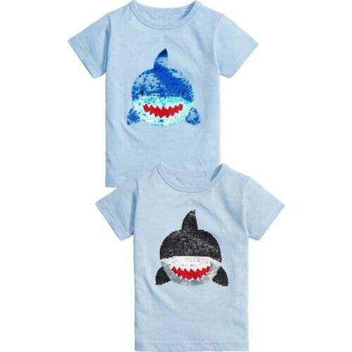 2020 Boys T Shirt Shark Dinosaur Flip Sequins Clothes Color Change T-shirt Kids Tshirt Summer Top Meskie Enfant Boy Tshirts New