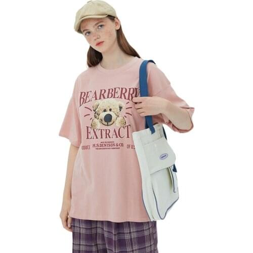Cotton Fashion Korean Cartoon Bear Print T-Shirt Women Loose Couple Wear Casual Hip-Hop Short Sleeve Tops H1137