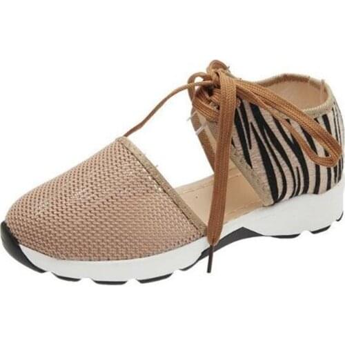 New womens shoes fashion mesh hollow lace-up leopard print light and comfortable large size casual womens single shoes