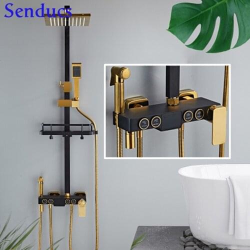 Matte Black Hot Cold Thermostatic Digital Bathroom Shower Set of 4 Modes Round Button Brass Shower Head Copper Bath Bidet