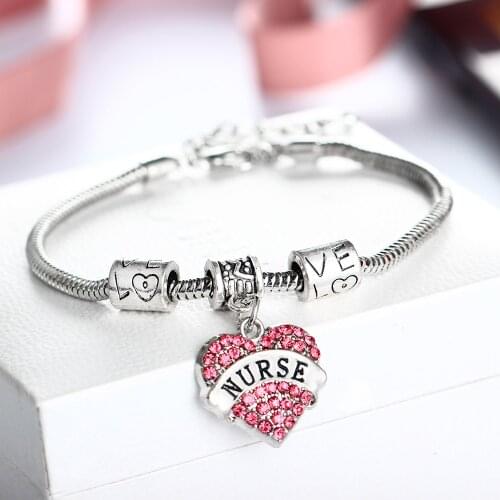 Fashion Nurse Bracelets Love Heart Crystal Rhinestone Charm Jewelry Love Beads Chain Bangle Women Nurse Day Gifts Femme Pulseras