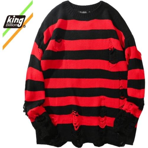 Black Red Striped Sweaters Washed Destroyed Ripped Sweater Men Hole Knit Jumpers Men Women Oversized Sweater Harajuku