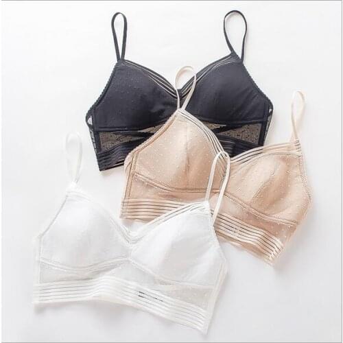 Honviey Invisible U-shaped backless women bra sexy polka dot wirefree mesh yarn lace beauty back gathered insertable bralette