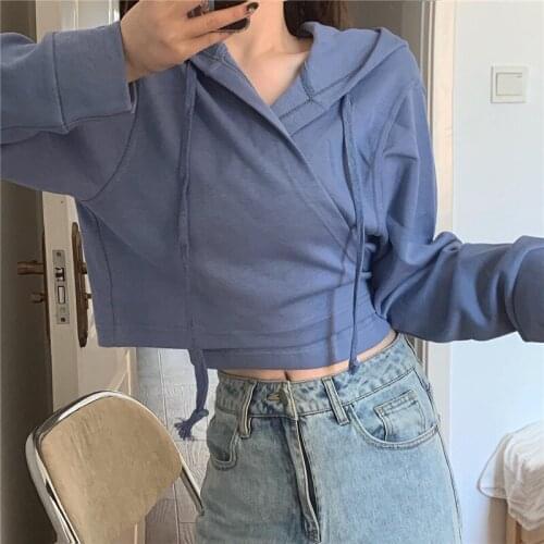 2021 Spring New Solid Crop Hoodie Korean Style Sweatshirt Spring Harajuku Casual Fashion Long Sleeve Women Pullovers Tops Blusas