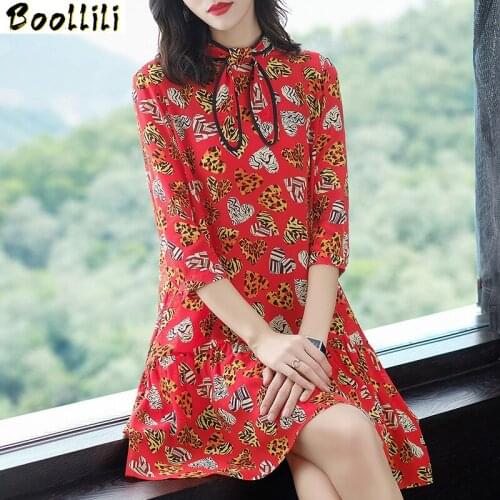 Boollili Real Silk Dress Women Spring Summer Dress Korean Print Midi Beach Dress Elegant Party Dresses Woman Vestidos Mujer