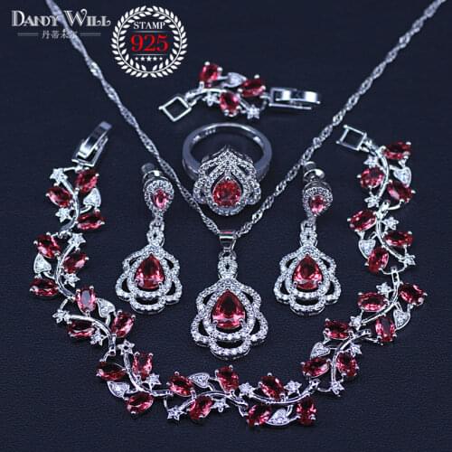 Christmas Gift Pear Rose Red cubic zirconia silver color jewelry sets for women pendants necklace earrings rings Bracelets sets