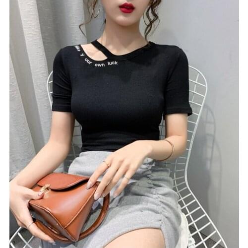 O Neck short Sleeve Shirt Women Ribbed Sexy Tops 2021 summer Casual Skinny Slim literal embroidery Basic Woman T Shirts