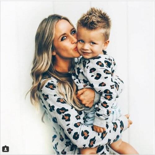 Family Women Boy Girl Leopard Print Tops Matching Mommy Daoghter Son Long Sleeve Tops Clothes Outfits