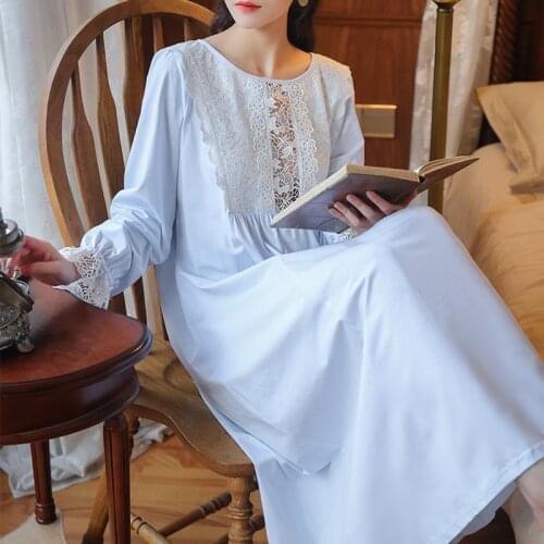 Women Cotton Long Night Dress Victorian Lace Splice Peignoir Vintage Nightgowns Spring Autumn Sleepwear Ladies Lounge Nightwear