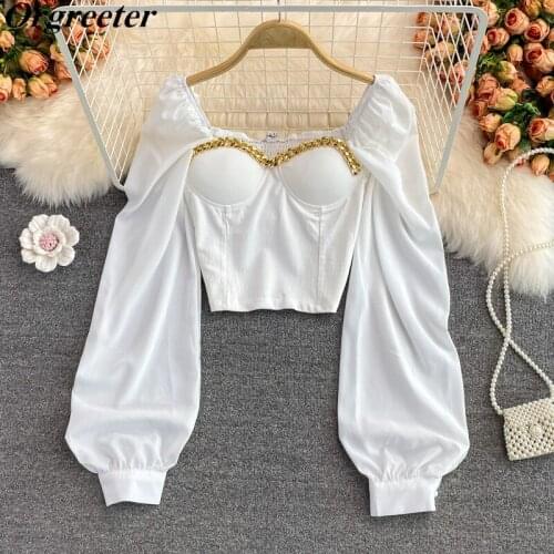 Sexy Blouse Women Chain Slim Autumn Fashion Lantern Long Sleeve Square collar Sheath Stretch Shirt Clubwear Crop Tops Tube Top