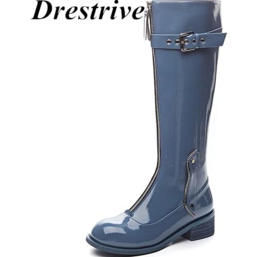 Drestrive Women Knee High Boots Full Genuine Leather Low Hees 4.5 cm Zipper Buckle Cow Leather Female Winter Shoes Autumn Black