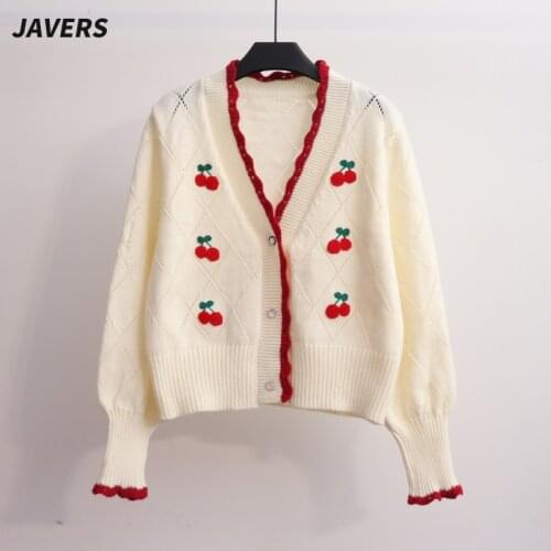 Mori Girl Sweet Style Cherry Embroidery Korean Women Short Knitted Cardigan Sweaters Girl Long Sleeve V-neck Cute Slim Crop Top