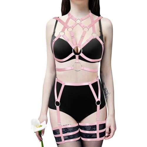 Holographic Pink Bondage Restraint Neck Hollow Bra Clothes Harness Fashion Lady Erotic Lingerie Adjust Waist Suspender Size