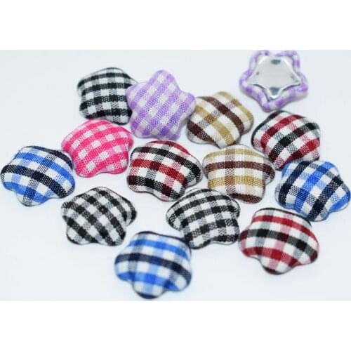 50pcs 16mm Star Shape Plaid grosgrain Grid Fabric Covered Flat Backs Cabochon Decoration Chunky Buttons DIY Handmade Crafts