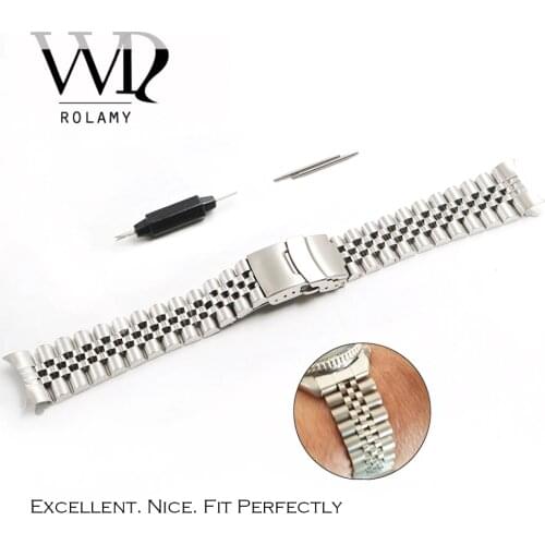 Rolamy 22mm Watch Band Strap Stainless Steel VINTAGE Jubilee Bracelet Double Push Clasp Hollow Curved End Solid Screw Links