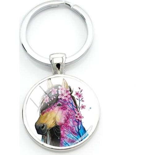 TAFREE Horse With Flower Round Image Key Rings Fly Unicorn Animal Glass Dome Keyholers 2021 Fathers Jewelry For Car