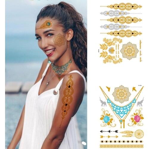 Bronzing Temporary Tattoos for Women Fashion Waterproof Metal Bracelet Anklet Face Body Ary Festival Tattoo Stickers