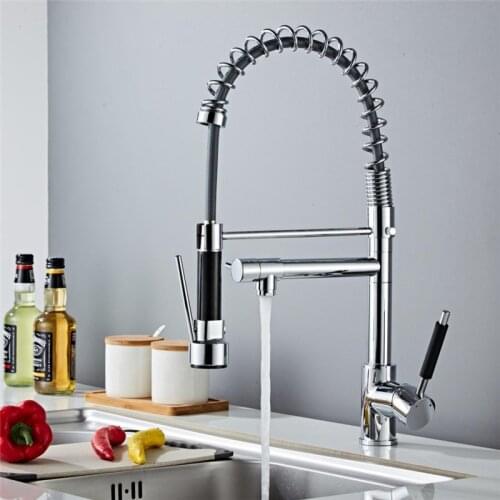Chrome Finish Spring Pull Down Kitchen Faucet Dual Outlet Spouts 360 Swivel Handheld Shower Kitchen Mixer Crane Hot Cold Taps