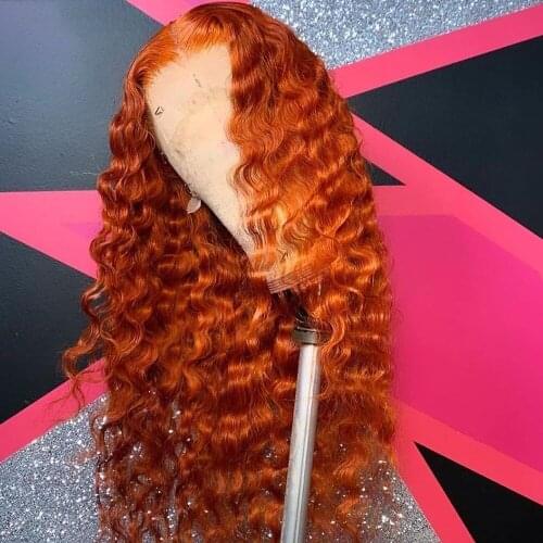 Ginger Orange 26 Inch Long Deep Wave 180%Density Synthetic Lace Front Wig for Black Woman Babyhair Preplucked Glueless Curly