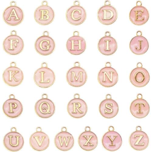 Julie Wang 26pcs A-Z Enamel Pink Letters Charms Alloy Double Sided English Alphabets Pendant Bracelet Jewelry Making Accessory