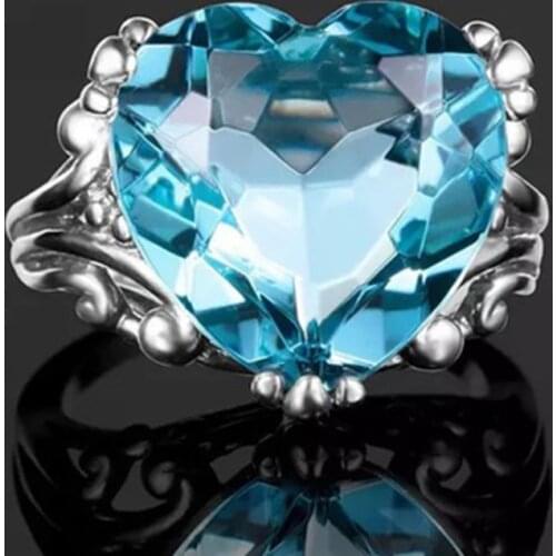 Blue Heart Crystal Ring For Woman Finger Accessories Jewelry Sea Blue Stone Prong Setting Ring Birthday Party Gifts