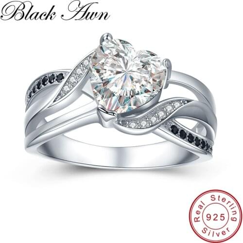 [BLACK AWN] Classic Engagement Rings for Women 925 Sterling Silver Jewelry Black Spinel Heart Finger Ring Lover Gift C422