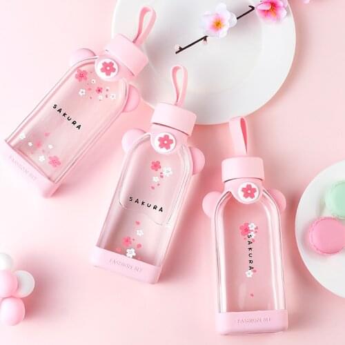 New Cute Glass Bottle Creative Plants Pink Cherry Blossom Glass Water Cup With Silicone Cover For Women Girl Drink Bottles
