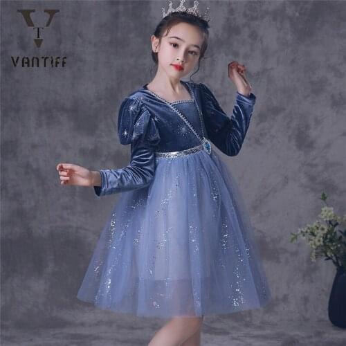 2021 New Long Sleeve Velvet Princess Dress Children Mesh Bubble Sleeve Princess Dresses Halloween and Christmas Costume