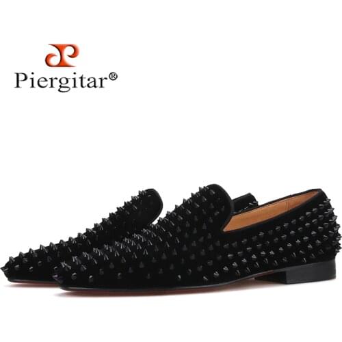 Piergitar 2021 New Black Velvet Men Loafers With Black Spikes Fashion Party And Banquet Men Smoking Slippers Red Colors Outsole