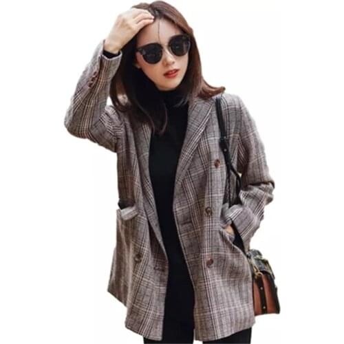 NEW Women Plaid Blazers British style Casual plaid long double-breasted design retro small suit jacket female autumn