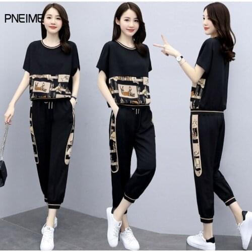 New Womens Suit Tracksuit Large Size Loose and Thin Sportswear Casual Short-sleeved Pullover T-shirt Harem Pants Two-piece Suit
