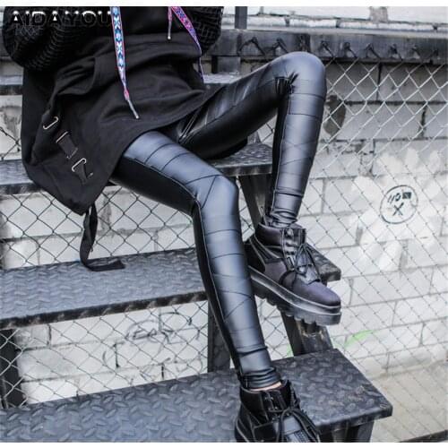 Bandage Faux Leather Leggings 2021 Fashion 2 layers Thinck with Medium Fleece Thermal for Autumn PU Leggings Thick ouc068