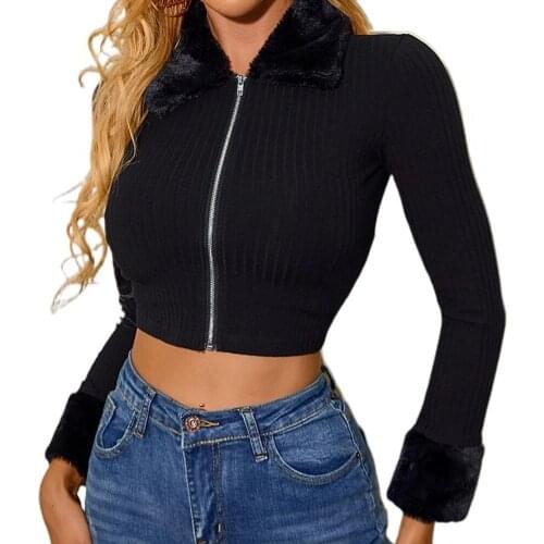 Autumn Winter Women Pullover Knit Tops Long Sleeve Plush Collar Ribbed Zipper Slim Blouse Crop Top Knit Blouse Chic Tops Clothes